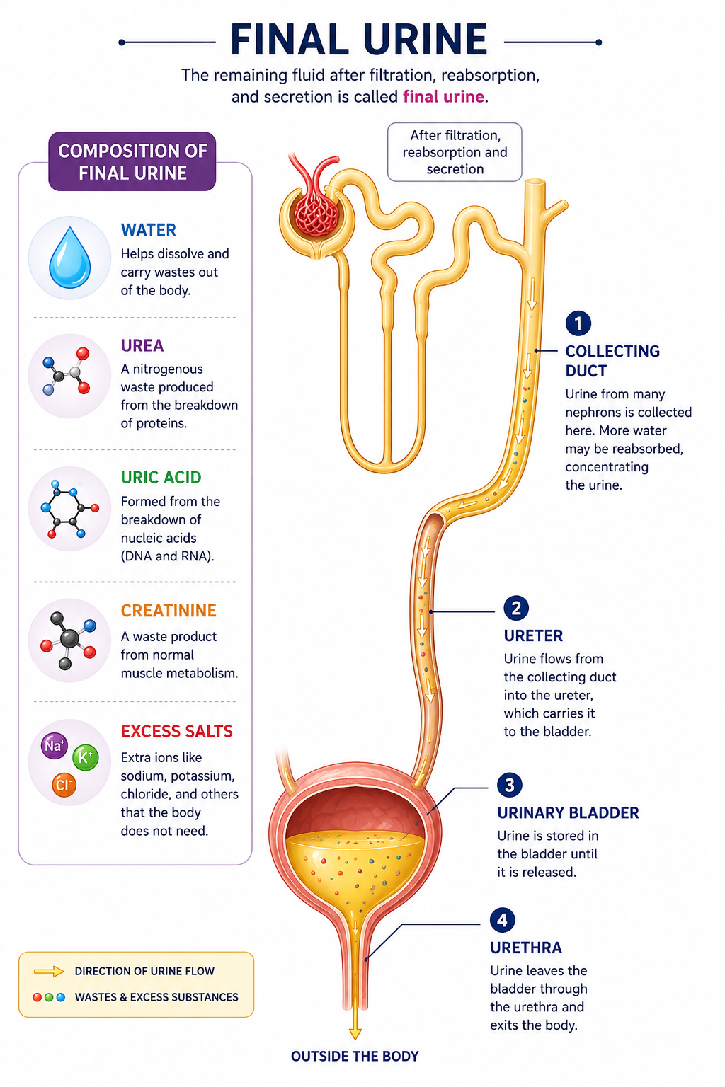 Illustration showing the composition and pathway of final urine