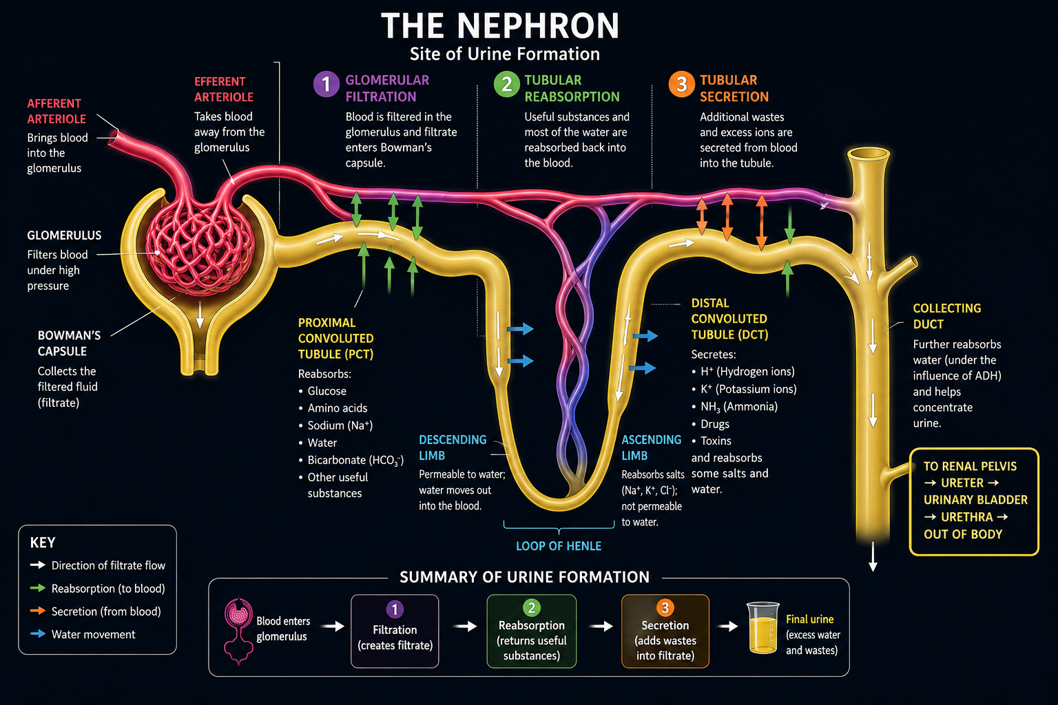 Nephron showing the pathway of urine formation